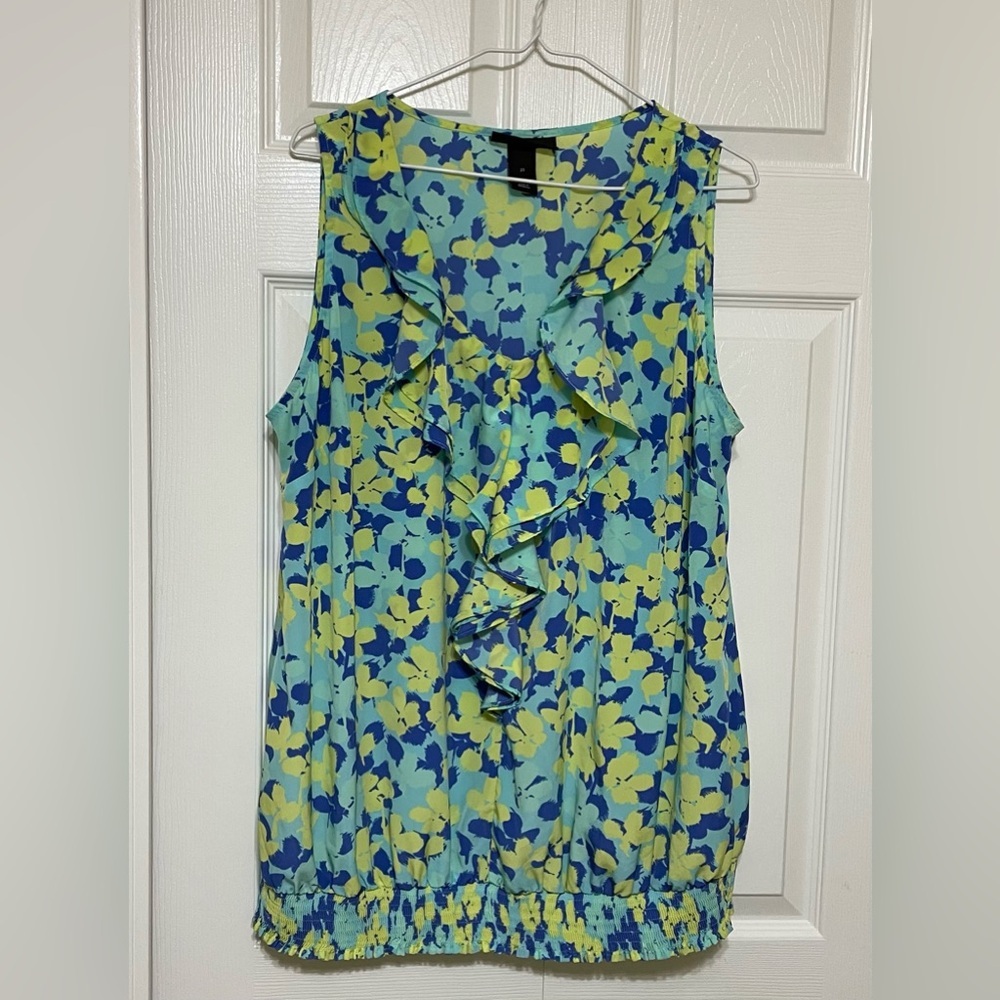 Lane Bryant Ruffled Green and Blue sleeveless Blouse with Peter Pan collar
